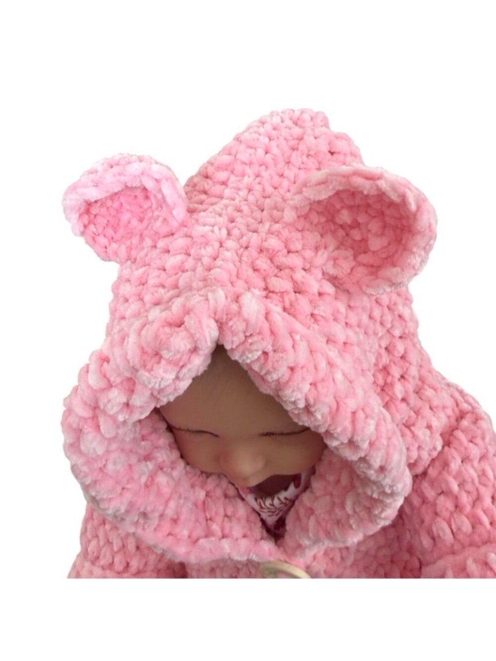 Handmade Pink Chenille Newborn Baby Hoodie & Booties Set Bear Ears Soft Plush - Picture 4 of 16